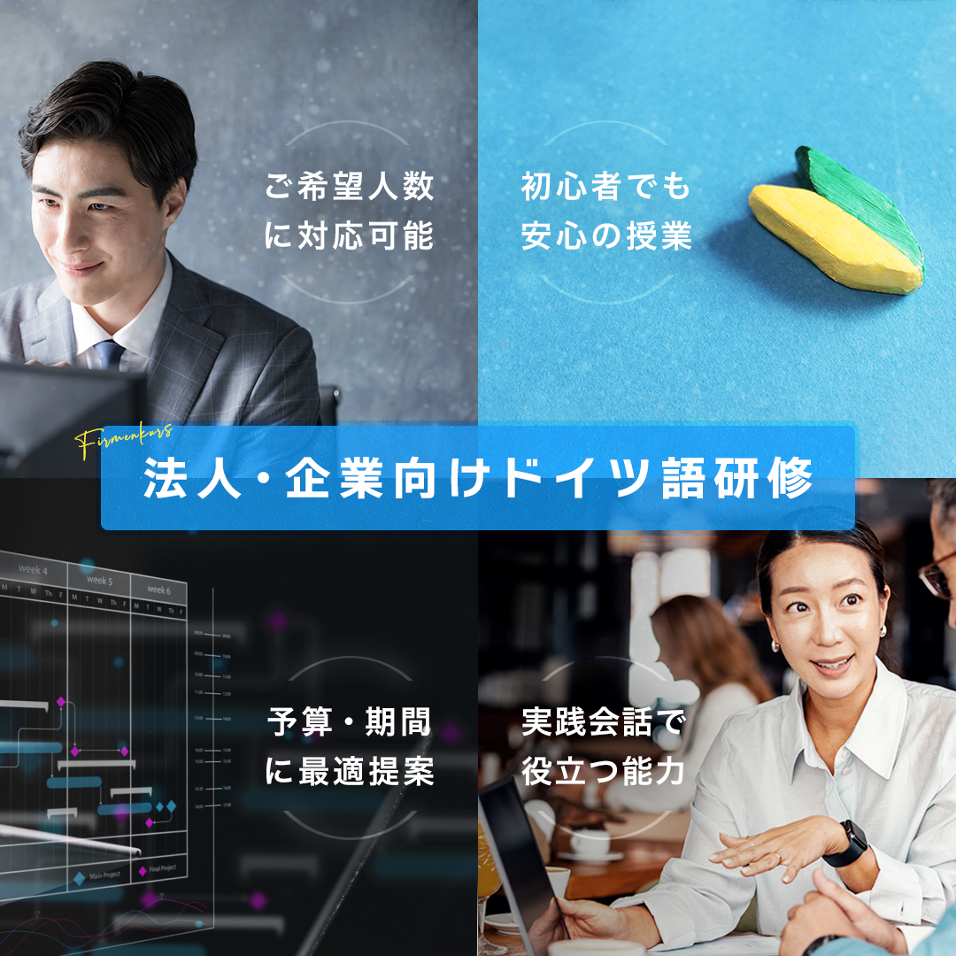 法人・企業向けドイツ語研修。1名様からご希望人数に対応可能、初心者でも安心の丁寧なサポート、ご予算と期間に応じて最適提案、コミュニケーションに役立つ実践力。